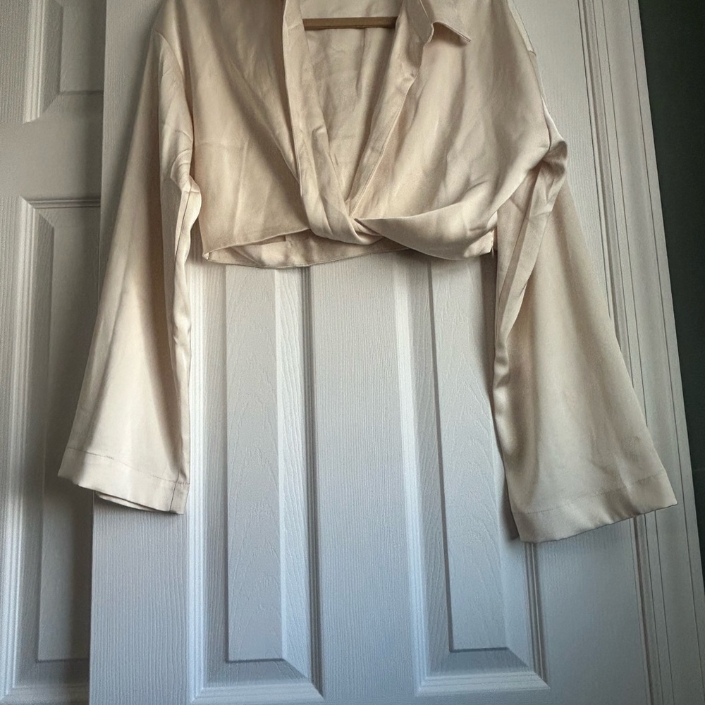 Cream Crop Tie Front Blouse with Long Sleeves